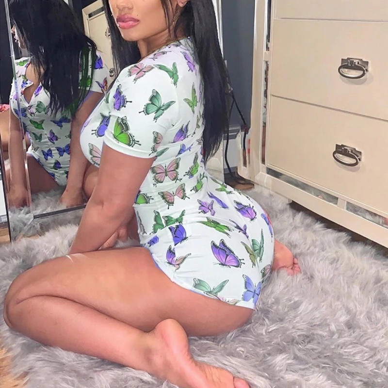 Женская пижама с коротким рукавом летний комбинезон v-образным вырезом и принтом