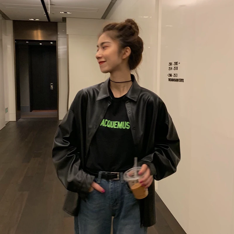 

GOOHOJIO 2020 New Basic Oversized Jackets Women Autumn Classic Zipper Women PU Faux Leather High Quality All-match Women Outwear