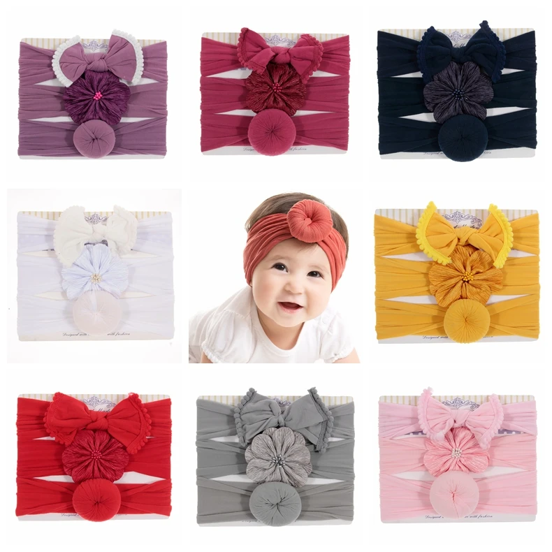 Yundfly 3pcs/lot Новые нейлоновые луковые ободки для головы с цветочными узорами для новорожденных шарообразные повязки для волос для девочек детские аксессуары для волос милые подарки.