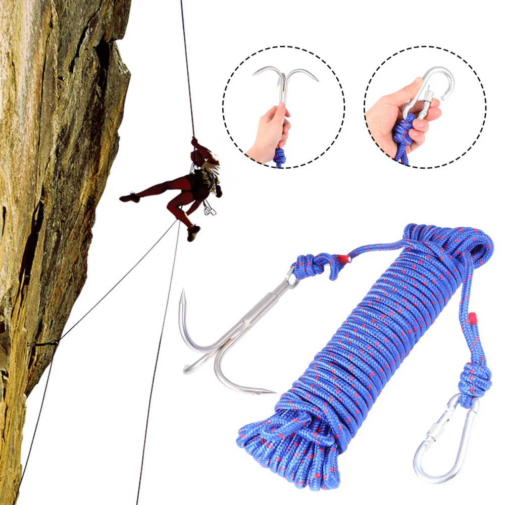 

20M 3-claws Grappling Hook Steel Carabiner Climbing Safety Rope Cord Life-Saving Emergency Escape Rope for Outdoor Climbing Anch