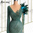 Зеленый блесток Русалка Выпускные платья с перьями 2021 Роскошные деловая рубашка с длинным рукавом для мальчиков, вечерние ночные сорочки Свадебная Вечеринка Вечерние платья
