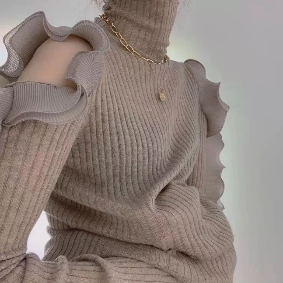 

Pullovers Knitted Off Shoulder Hollow Out Ruffles Turtleneck Sweaters for Women Spring Autumn Fashion Brand Ladies Slim Tops New