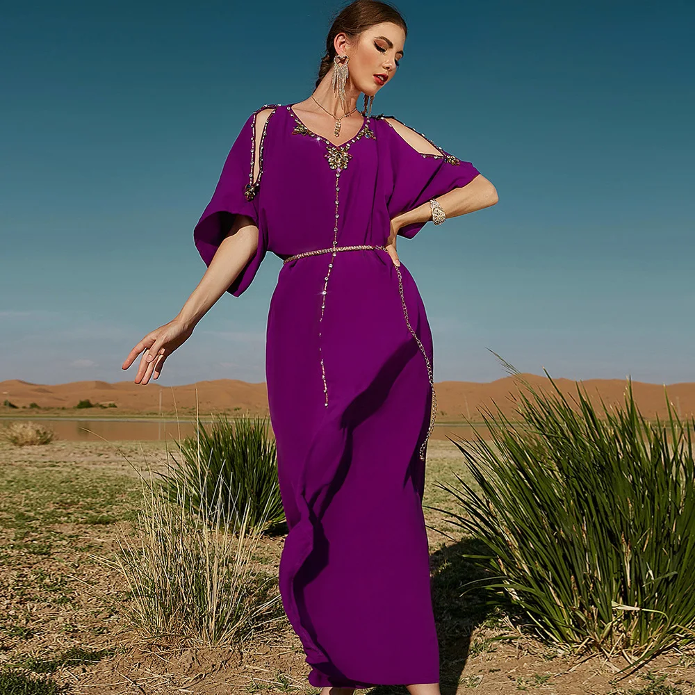Eid Mubarak Off The Shoulder Abaya Dubai Evening Dresses Turkey Arabic Muslim Dress Islam Abayas for Women Kaftan Robe Longue