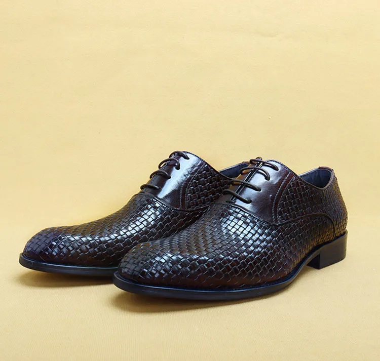 

Genuine Leather Men Dress Shoes Office Business Wedding Black Brown Luxury Formal Brogue Pointed Toe Weave Oxfords Mens Shoes