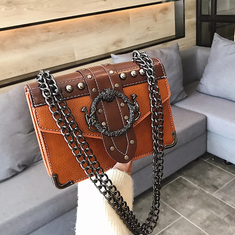 

New Quality PU Leather Women's Designer Handbag 2021 European Fashion Female Square Sac Rivet Lock Chain Shoulder Messenger Bags