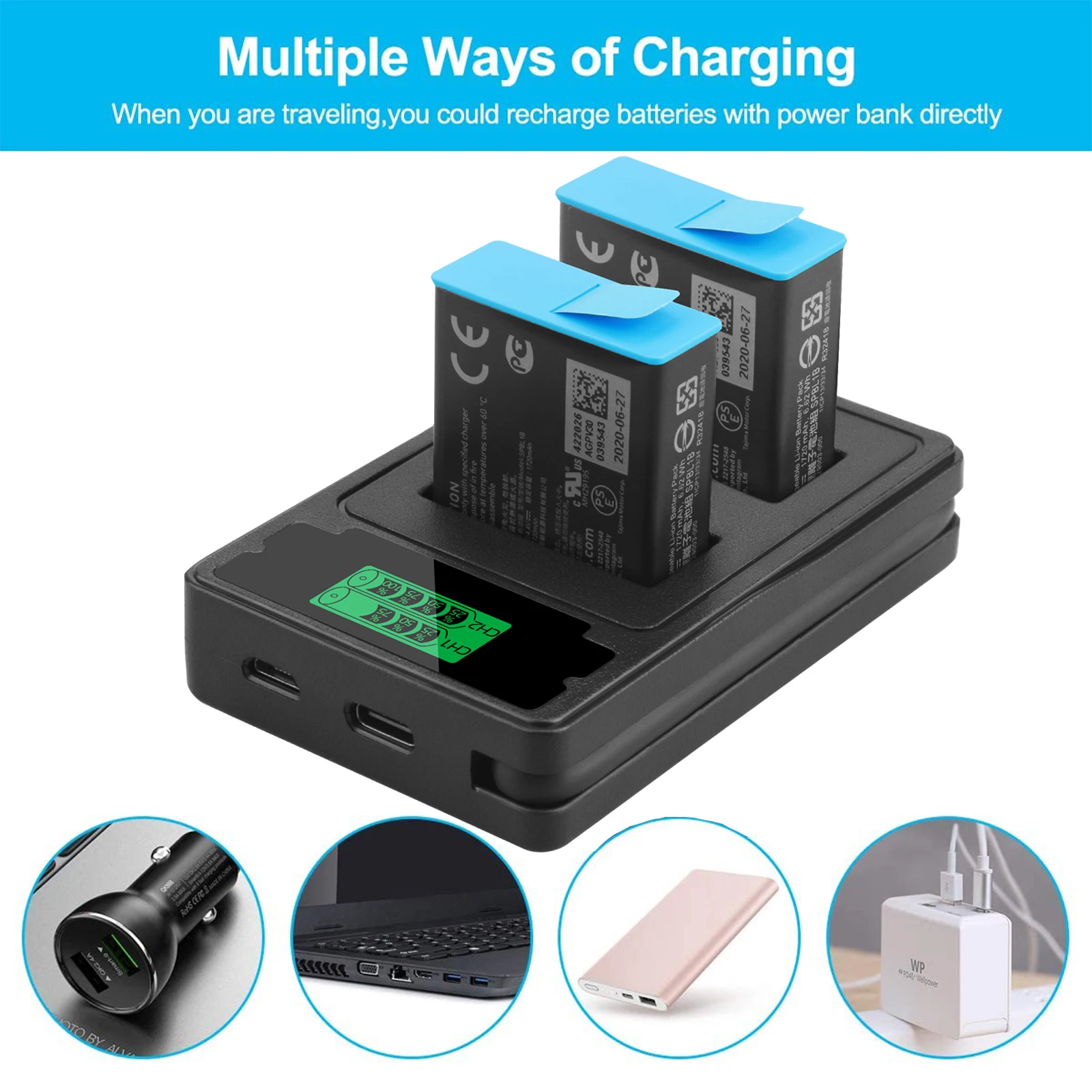 2 аккумулятора 1850 мАч для GoPro Hero 10 2-стороннее зарядное устройство со светодиодной