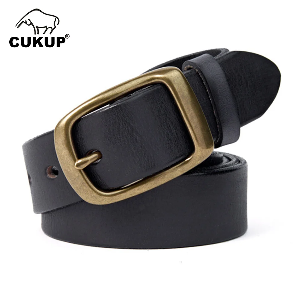 CUKUP Top Quality Cowhide Belts Leather Belt for Men Men's Brass Pin Buckle Metal Male Jeans Accessories 3.2cm Wide NCK1110