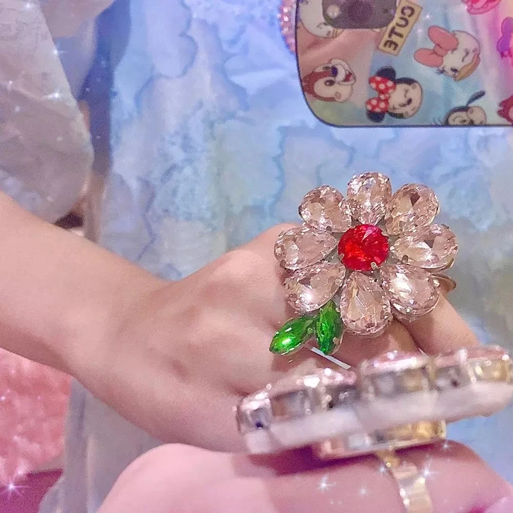 

YPAY New Korean Hyperbole Baroque Shining Colorful Big Crystal Rhinestones Flower Rings Earrings for Women Girls Party Jewelry