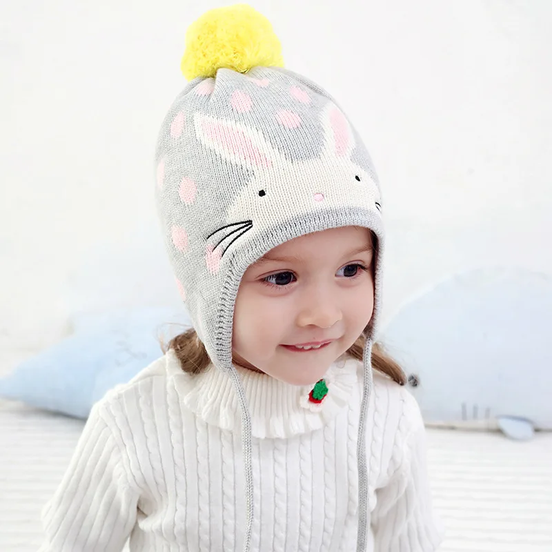 Зимняя шапка ушанка для девочек Осенняя вязаная с теплым кроликом детская