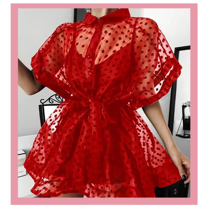Модная рубашка 2020 красное черное платье в горошек с поясом Сетчатое Прозрачное