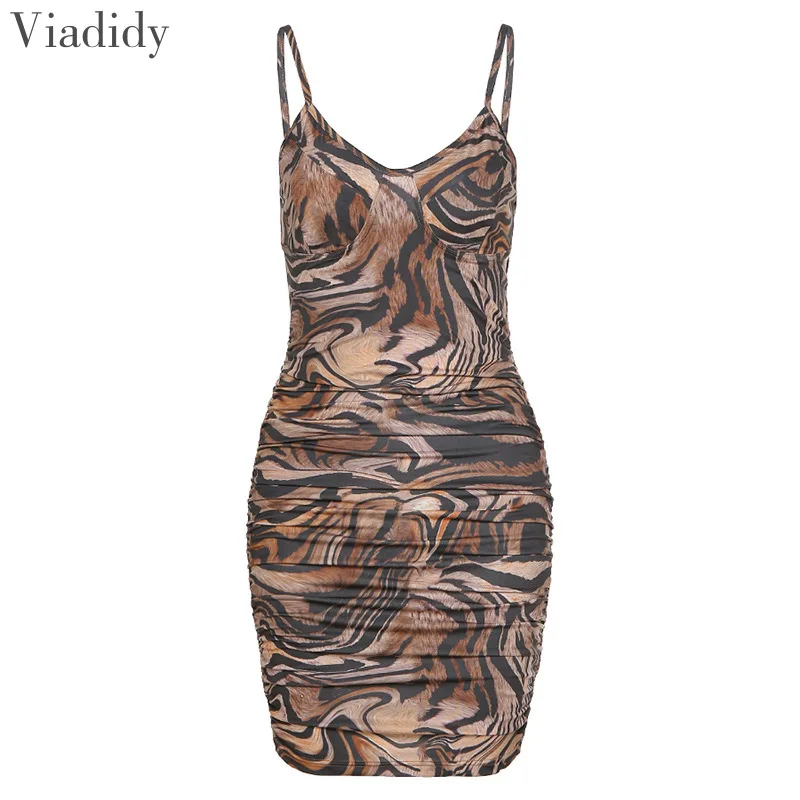 

Women Sexy Leopard Deep V Neck Ruched Mini Dress Spaghetti Strap Backless Bodycon Night Club Party Dress