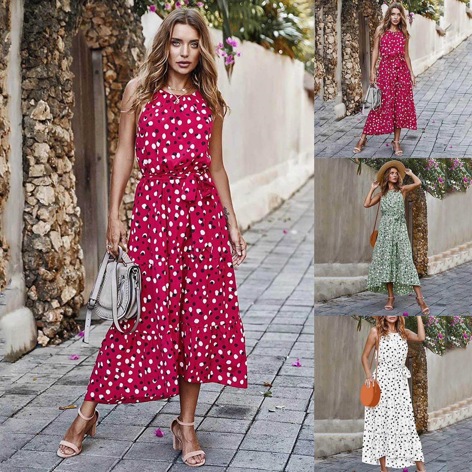 

Women's Summer Casual Bohemian Dot Sleeveless Elegant Bandage Mid Length Dress Halter Korean Style Sweet Girl Streetwear