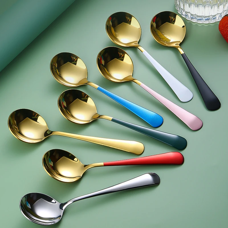 

2PCS Luxury Stainless Steel Soup Spoons Colorful Round Head Ice Cream Cake Dessert Coffee Mix Spoon Kitchen Tableware Black Gold