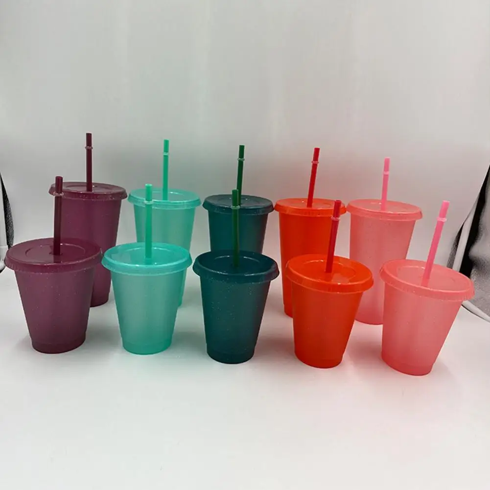 

400/500ml Straw Drinking Cup Large-capacity Wide Mouth Lid Plastic Flash Powder Shiny Water Bottle for School