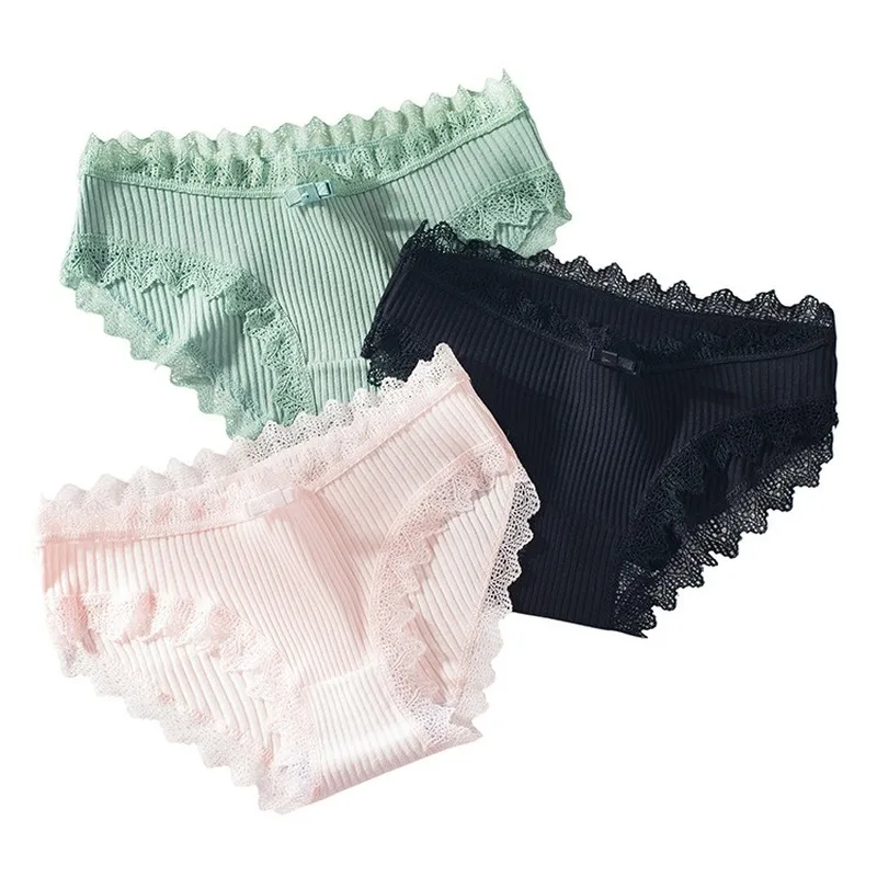 

Women Solid Color Cotton Underwear Middle Waist Lace Breathable Female Plus Size Briefs Bow-knot Thread Panties Thread Lingerie