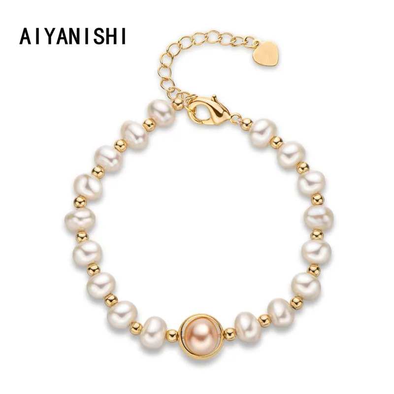 

AIYANISHI 18K Gold Filled Charm Bracelet 5.5-8mm Natural Freshwater Pearl Charm Bracelet Women Wedding Party Oval Pearl Jewelry