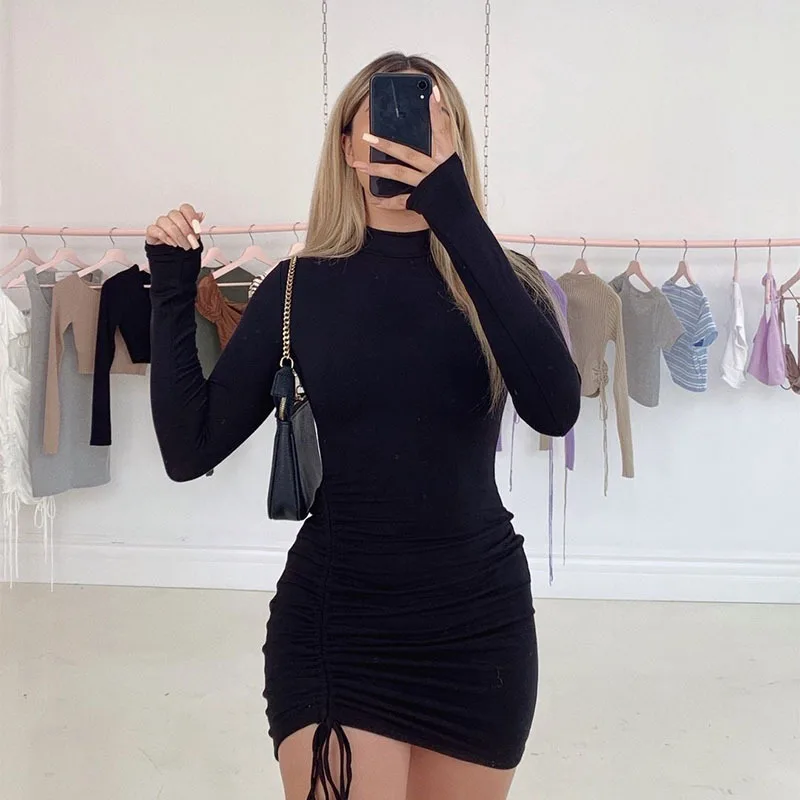 

Sexy Ruched Bodycon Mini Dress Women Clothes Fall 2020 Long Sleeve O Neck Lace Up Draped Tight Dresses Woman Party Night