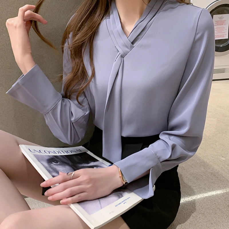 

Elegant Women Shirt Spring Autumn Ladies Solid Long Sleeve Chiffon Shirts Casual Blouses Vintage Tops Blusas