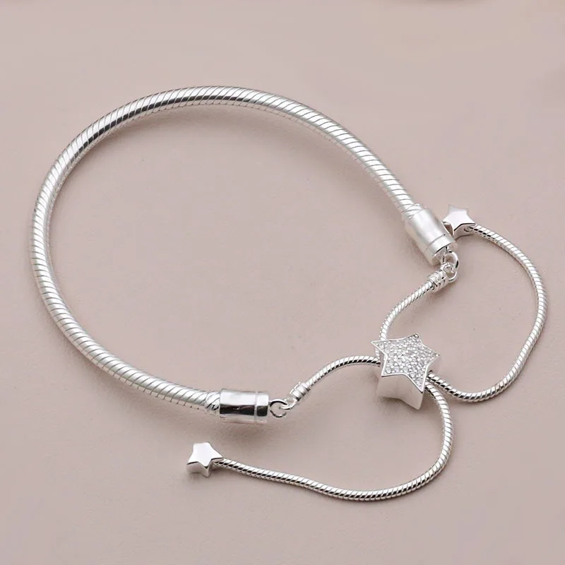 

Original 925 Sterling Silver Pan Moments Pave Bracelet Star Slider Adjust Clasp Snake Chain Bangles Bead Charm Jewelry gift