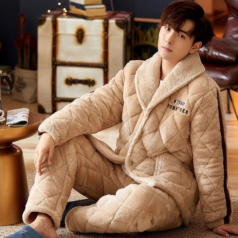 Толстая Коралловая флисовая Пижама комплект из 2 предметов для мужчин зимняя