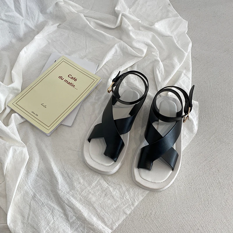 

ELLALEE Women Summer Sandals Fashion 2021 New Beach White Buckle Casual Flats Open Toe Female Office Ladies Shoe