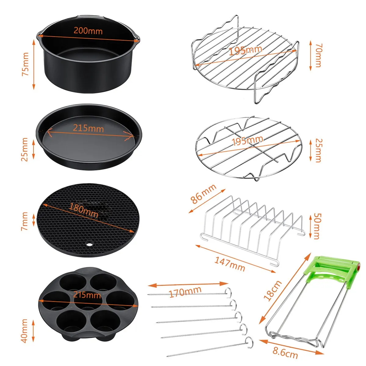 

13x 9 Inch Air Fryer Accessories Fit for Airfryer 5.2-6.8QT Baking Basket Pizza Plate Grill Pot Kitchen Cooking Tool for Party