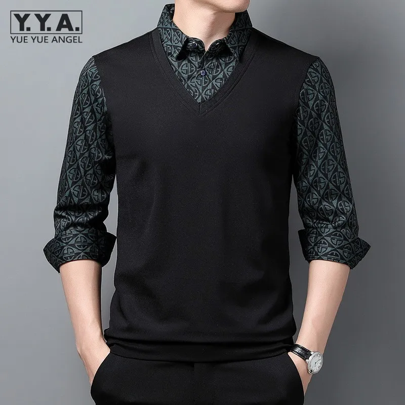 

Autumn New Men Fake Two Piece Floral Printed Pullover Sweater Tops Long Sleeve Lapel Collar Business Man Work Knitted Sweaters