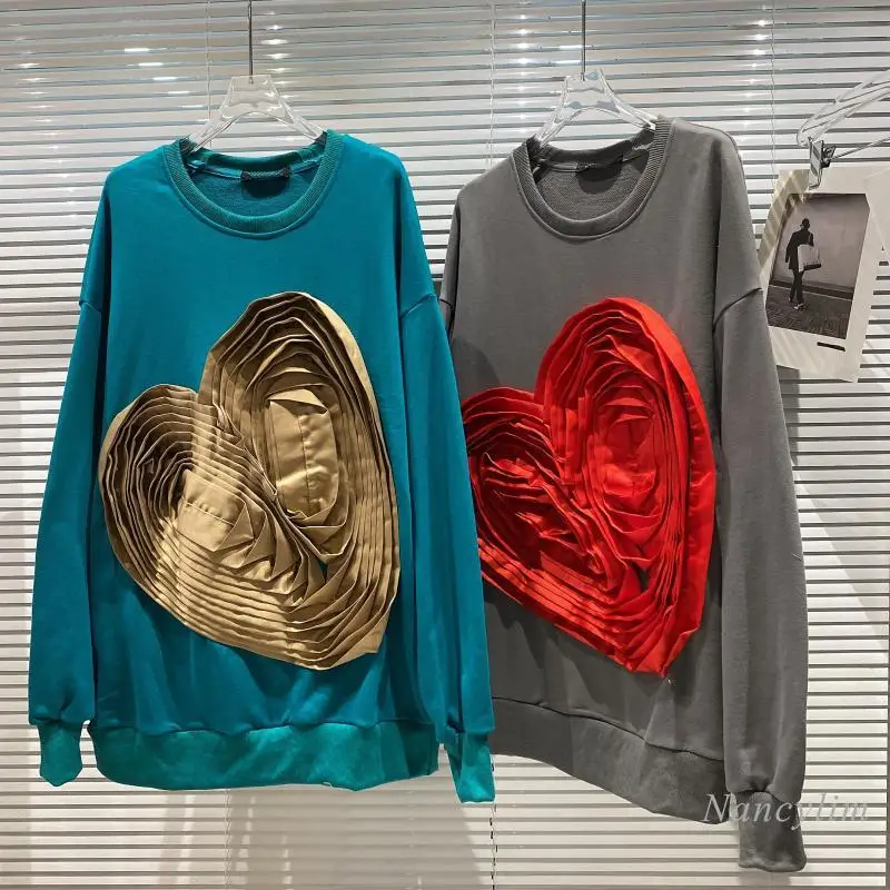 

Loose Hoodies Women Autumn New Pleated Multi-Layer Three-Dimensional Love Decoration Contrast Color Long Sleeve Sweatershirt