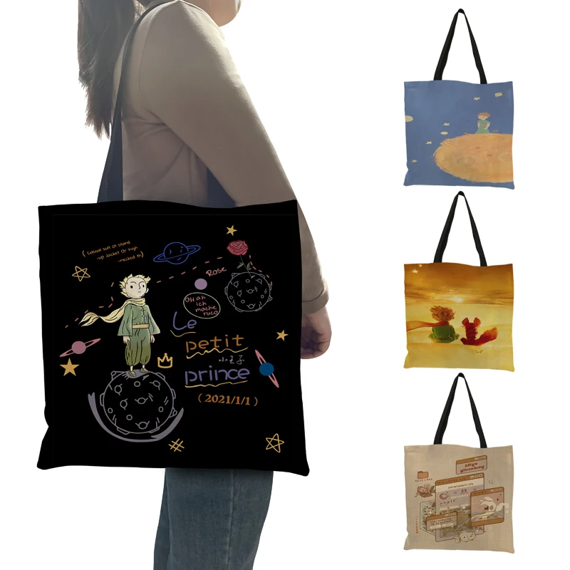 Women Shopping Bag Cartoon Le Petit Prince Fox Rose Print Ladies Shoulder Handbags Reusable Grocery Shopper Tote Bags Gift |