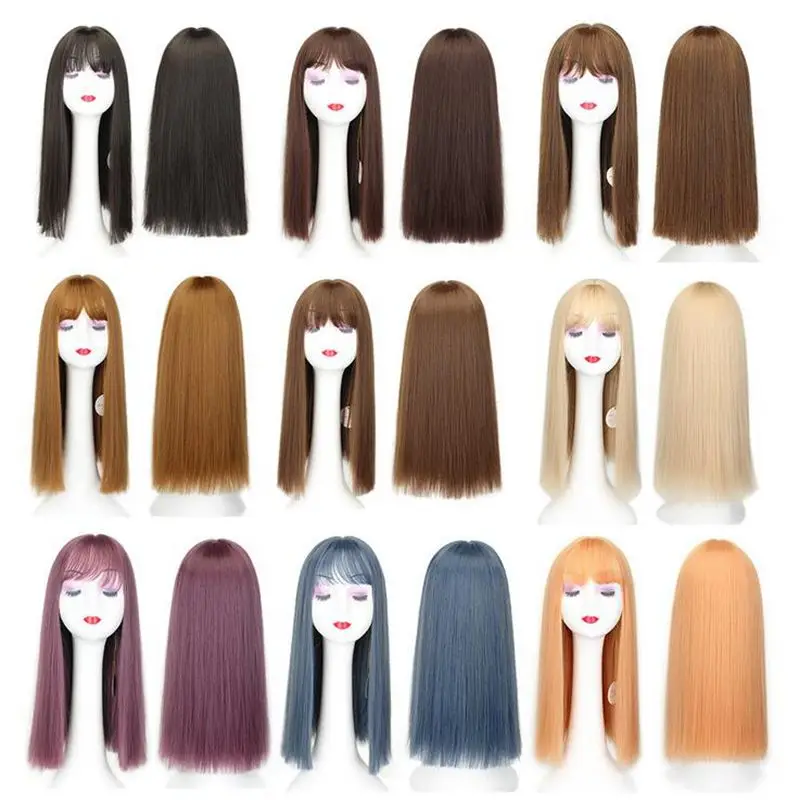 Длинные прямые волосы 20 видов цветов синтетические косплей парики с челкой 18