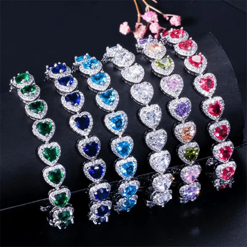 

Top Sell Luxury Jewelry 925 Sterling Silver Blue Sapphire CZ Diamond Heart Cut Multi Gemstones Party Women Wedding Bracelet Gift