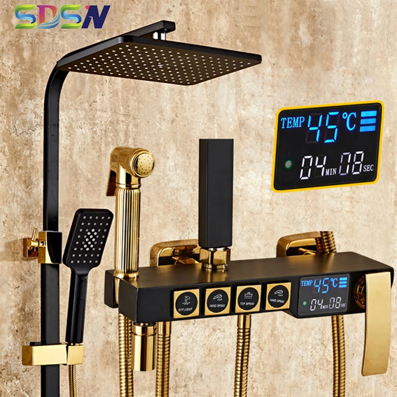 black gold shower set sdsn quality brass bathroom shower faucet 10 inch square rainfall shower head digital bath shower set free global shipping