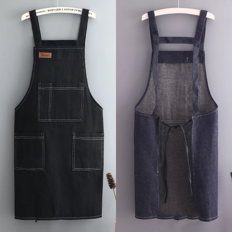 

Fashion cotton denim apron custom logo printing women summer overalls adult restaurant work waist men