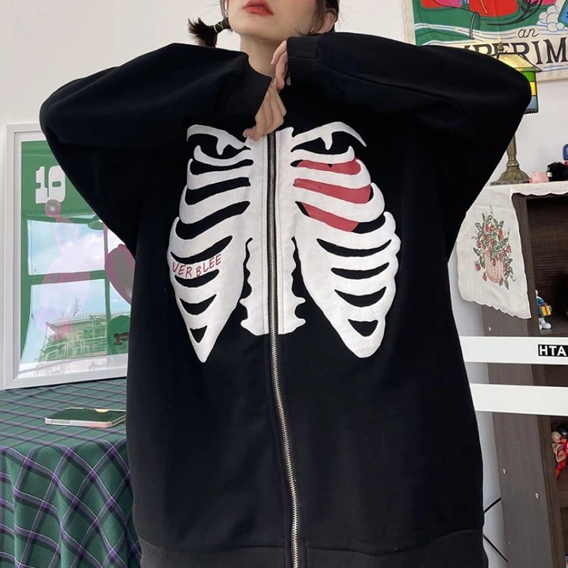 Женская Повседневная куртка на молнии свободная Готическая толстовка с принтом