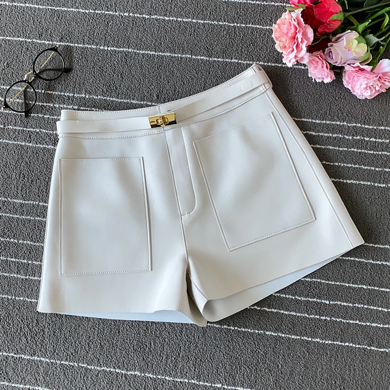 Chic Women's High quality Sheepskin High-rise leather pants fashion women Real leather short pants C440