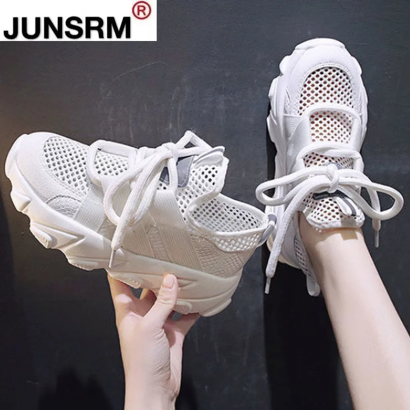 

Spring 2021 Fashion Women's Shoes Comfortable Breathable Mesh Casual Shoes Woman Solid Color Lace-up Non-slip Platform Sneakers
