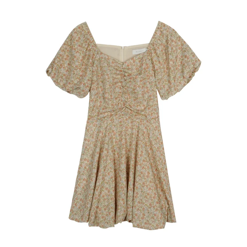 

Square Collar Puff Sleeve Floral Print Bud Dress Womens 2021 Summer Slim Waist A Line Mini Dress Holiday Shirring Short Dress
