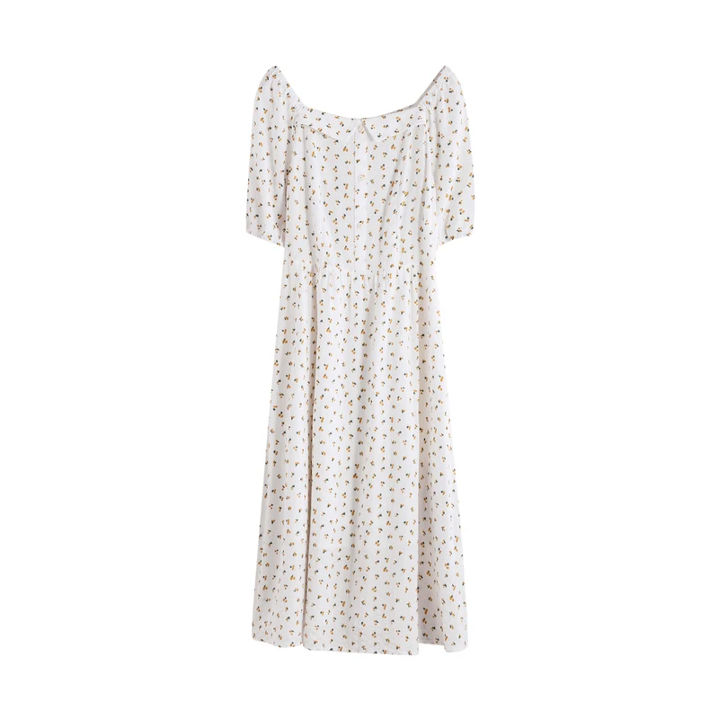 INMAN Summer Elegant White Vintage One Piece Square Collar Reveal Clavicle Shivering Nipped Waist Short Sleeve Floral Dress | Женская