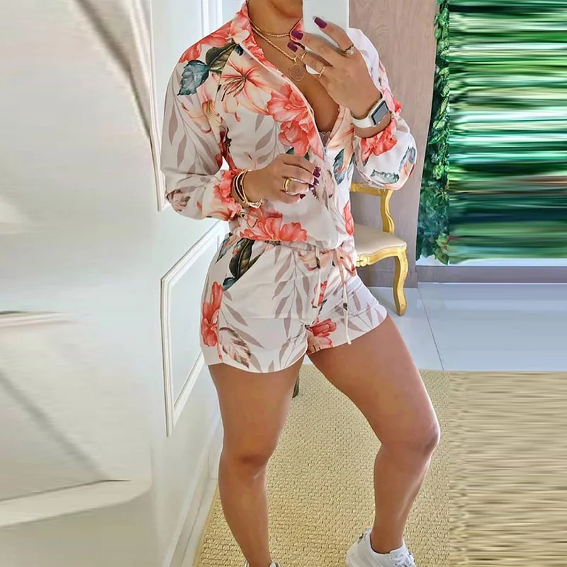 

Women Fashion Turn-down Collar Blouses And Drawstring Shorts Outfits Harajuku Retro Printed Shirts Suits Lady Party Streetwears