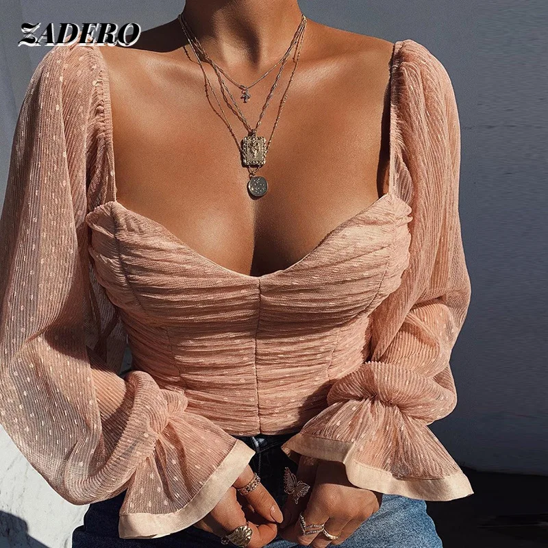 

Sexy Women Mesh Sheer Blouse Chiffon See-through Long Flared Sleeve Polka Dot Wrapped Chest Crop Top Shirt Organza Transparent