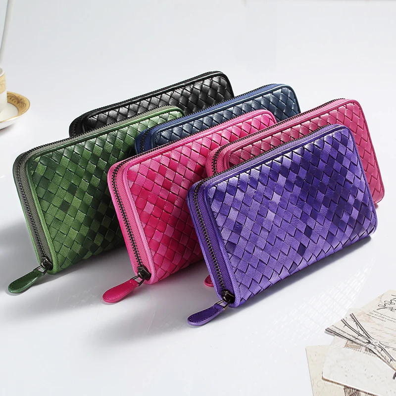 Free Gift Genuine Leather Women's Wallets Long Ladies Zipper Wallet Clutch Money Bag Design Purse Fashion Lambskin Woven Purses