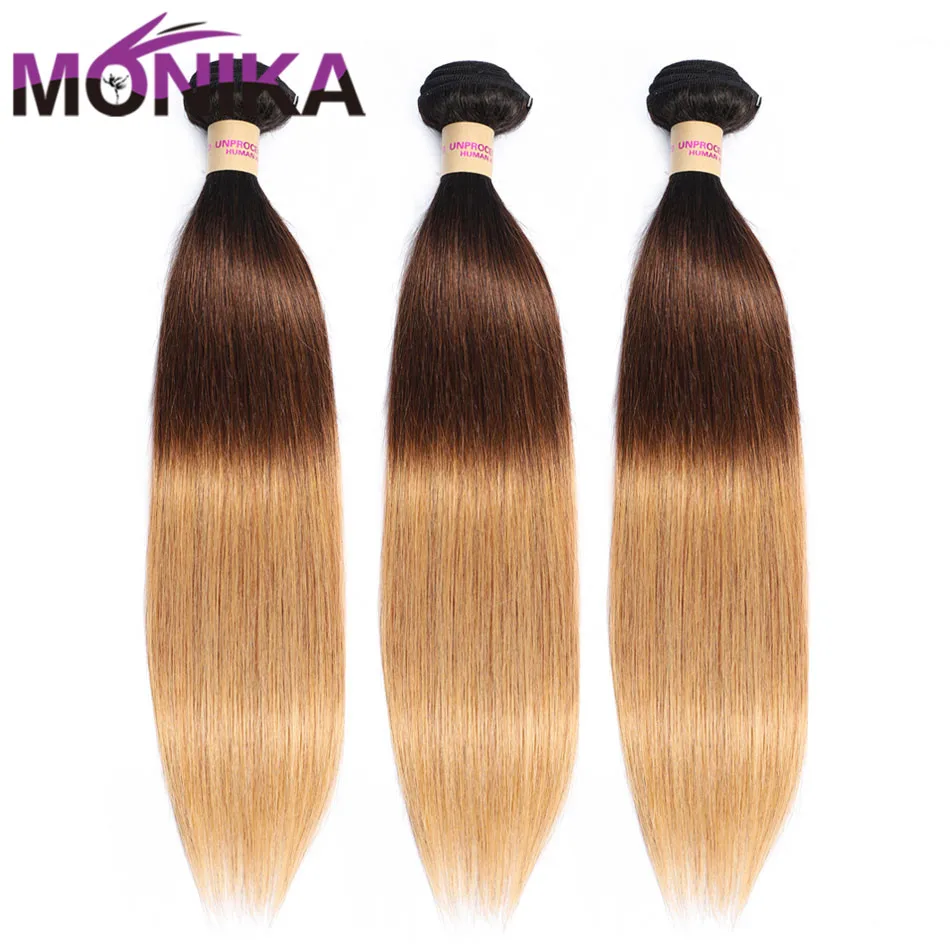 Monika Pre-Colored Hair Bundles T1B/4/27 Ombre Weave Hair Brazilian Human Straight Hair 3 Bundles Non-Remy Honey Blonde Bundles