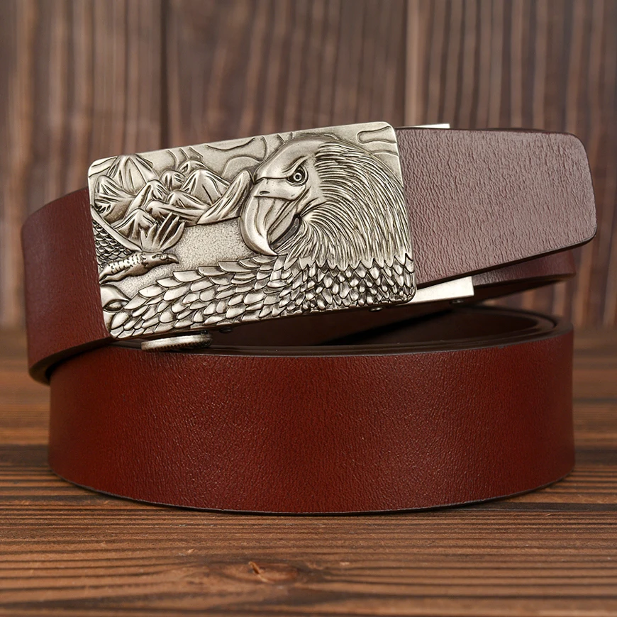 Drop Shipping Genuine Leather men Ratchet belts Gold Eagle Automatic Buckle Fashion Luxury Causal Cowskin Dress for | Аксессуары для