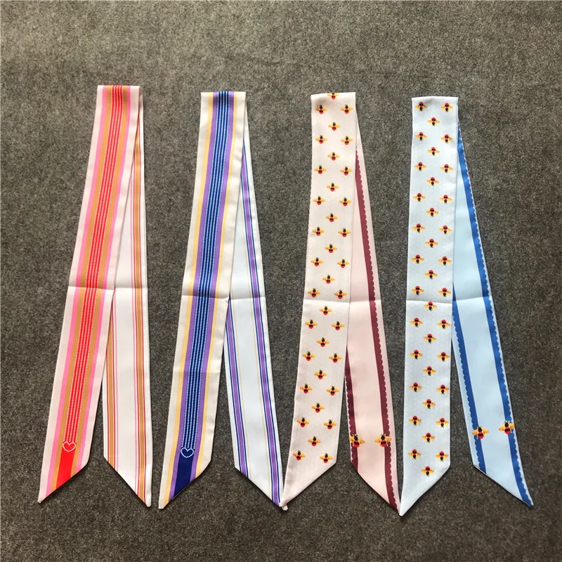 

Fashion Luxury Brand Summer Small Skinny Scarf Hair Bag Ribbon Honey bee Print Twill Silk Scarf For Women Tie Head Scarves