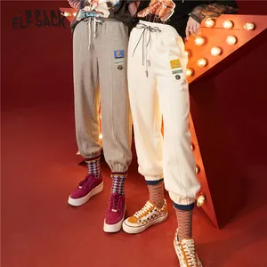 Женские прямые шаровары с аппликацией ELFSACK, однотонные повседневные винтажные штаны-шаровары с завязками и высокой талией, базовые Повседневные Брюки Для Женщин, зима 2021