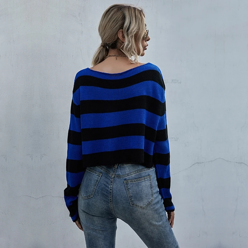 

Short Hole Striped Jumper Sweater Women Casual Autumn Sexy Loose Pullovers Sweater Tops For Women 2021 New