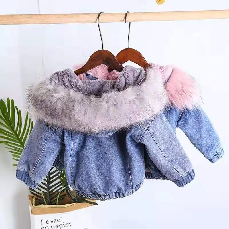 2019 Winter Baby Girl Denim Jacket Plus Velvet faux Fur Warm Toddler Outerwear Coat 1-8 Years Kids Parka girls coat | Детская одежда и
