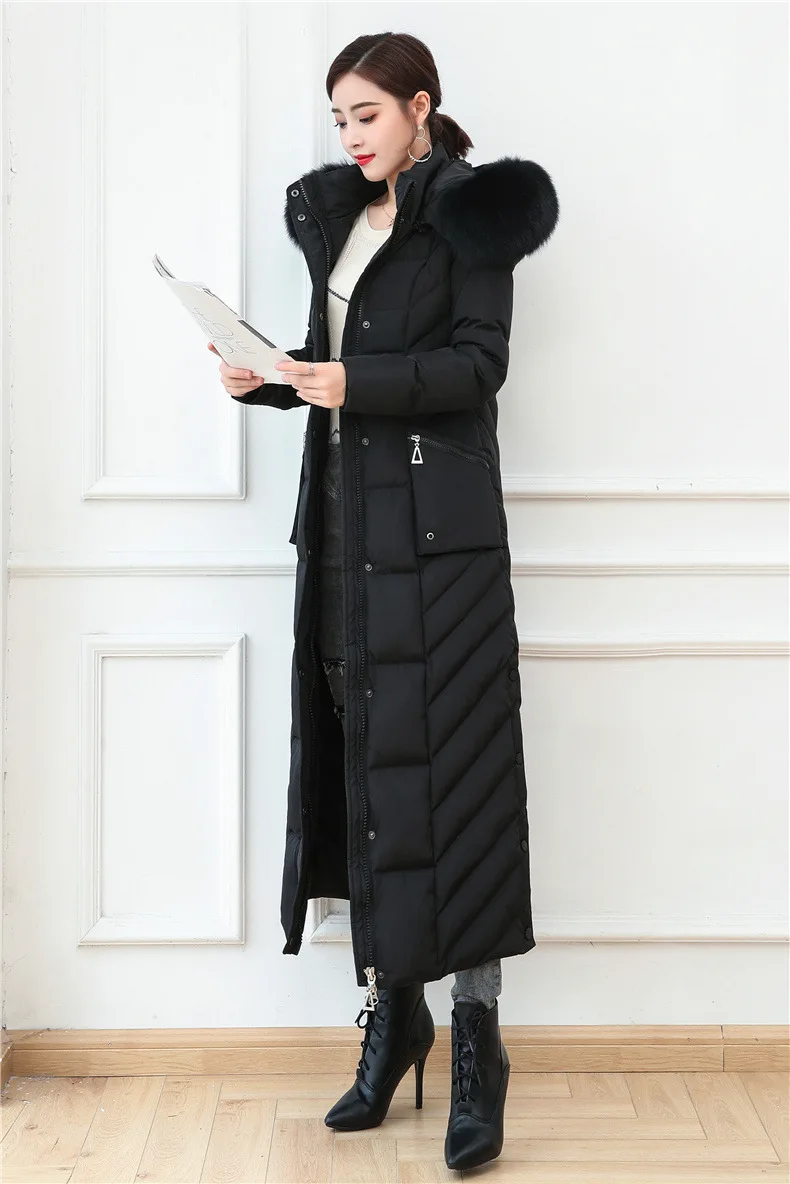 S- 4XL plus size Winter over the knee X-long 90% Duck down coat female X-Long thick warm Down Jacket real fox fur Parkas F442