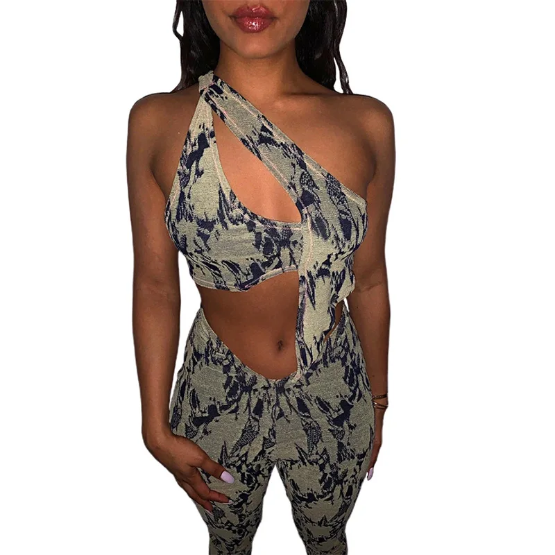 

92K21S00163 Summer fashion sexy new printed one shoulder sleeveless short top + tight casual Leggings sportswear two piece set