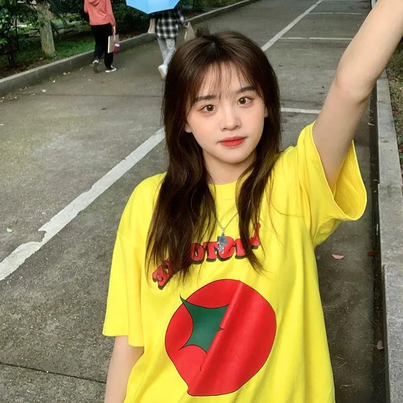 

Женская футболка в стиле Харадзюку с принтом томатов, желтые хлопковые топы с коротким рукавом и круглым вырезом, модные летние милые свобо...